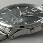Close-up of a modern watch with a scratched face on a counter, symbolizing requesting a refund for a...