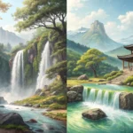 Split image contrasting two beautiful Korean waterfalls nestled in lush green forests, symbolizing t...