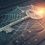 Stylized digital key unlocking an abstract representation of a Korean website login screen, symboliz...