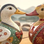 Traditional Korean wooden wedding ducks (kireogi) symbolizing marriage congratulations, arranged on...