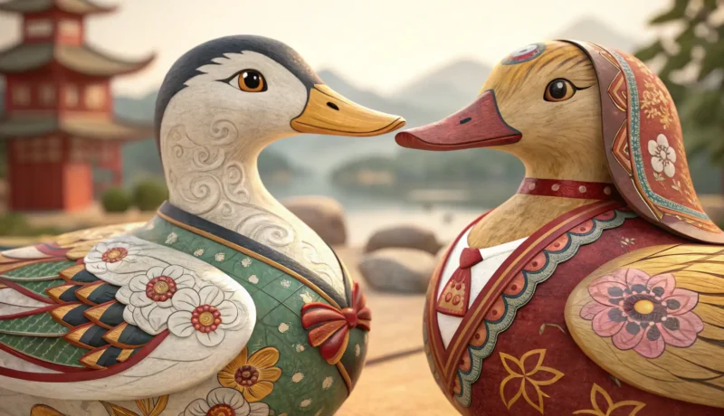 Traditional Korean wooden wedding ducks (kireogi) symbolizing marriage congratulations, arranged on...