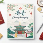 Stylized illustration of a Korean wedding invitation with traditional designs and a white gift money...