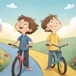 Illustration of two friends with bikes in a Korean park, looking thoughtful as they decide which pat...