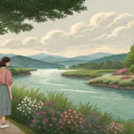 A young Korean couple stands beside a beautiful Korean river, looking in different directions as if...