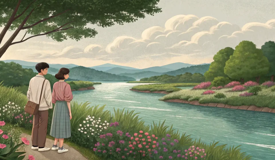 A young Korean couple stands beside a beautiful Korean river, looking in different directions as if...