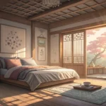 Illustration of a cozy Korean bedroom where one person is sleeping in late under the covers on a wee...