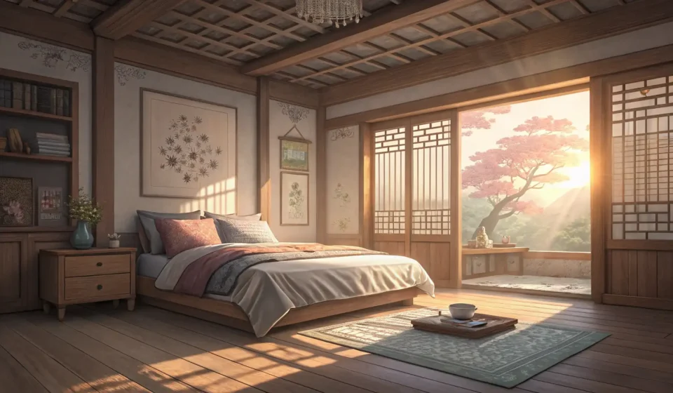 Illustration of a cozy Korean bedroom where one person is sleeping in late under the covers on a wee...