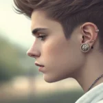Close-up on an ear with a subtle blue light effect suggesting wireless audio, set against a blurred,...