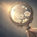 Stylized illustration of a glowing traditional Korean hand mirror reflecting an abstract light symbo...