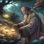 Illustration of a wizard gardener receiving a glowing raindrop seed from a rain sprite in a magical...