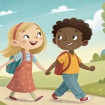 Illustration of two diverse friends linking arms and smiling on a street in Seoul, symbolizing frien...