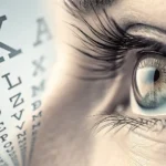 A split image representing the two meanings of the Korean word 'sasi': an abstract eye chart pattern...