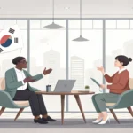 Two professionals discussing a goal, represented by an arrow graphic on a screen, in a modern Korean...