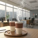 Two coffee cups on a table in a Korean office breakroom setting, representing colleagues discussing...