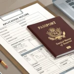 Illustration of a passport, blank application form, and pen on a desk, symbolizing the process of ap...