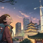 Illustration of a traveler before the Seoul skyline with a shield icon, representing Korean working...