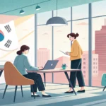 Illustration showing polite communication between two figures in a modern Korean office conference r...