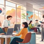 Illustration depicting professionals interacting in a modern Korean office setting, symbolizing Kore...