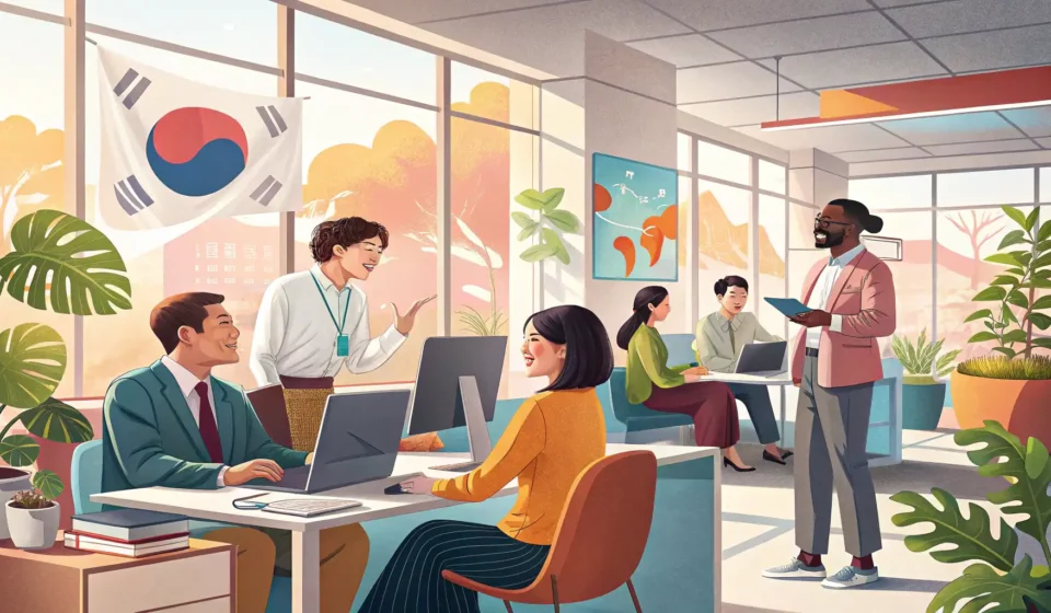 Illustration depicting professionals interacting in a modern Korean office setting, symbolizing Kore...