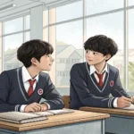 Two Korean students in a classroom collaborating over a notebook, symbolizing asking a peer for advi...