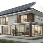 A modern Korean building featuring solar panels and green walls, symbolizing a zero energy building...