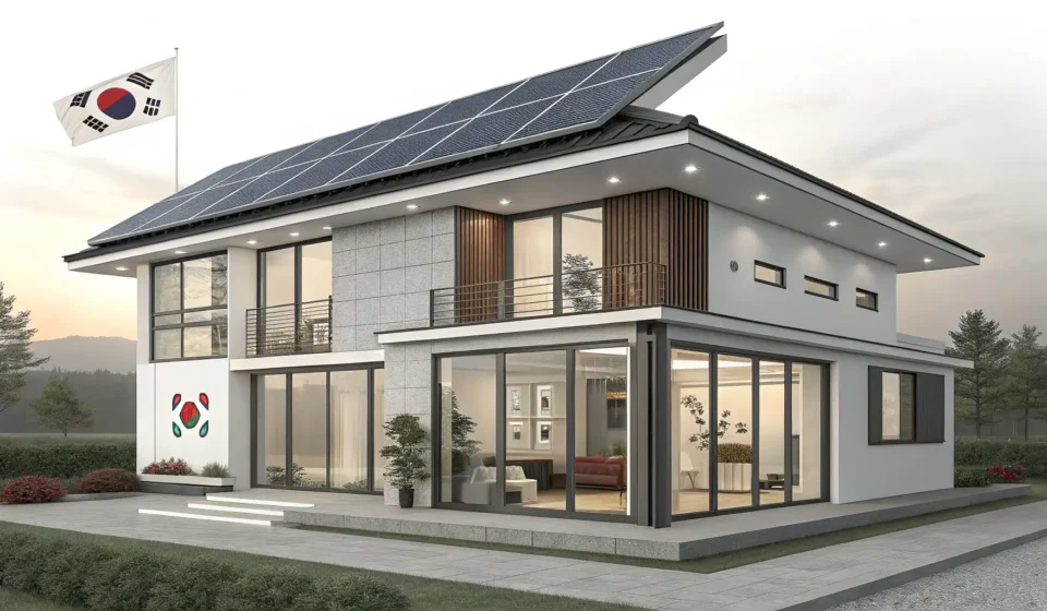 A modern Korean building featuring solar panels and green walls, symbolizing a zero energy building...