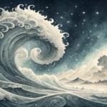 Stylized Korean ink painting of cosmic waves and tidal patterns under a moon above traditional rooft...