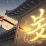 Stylized image of a Korean calligraphy brush creating a glowing Hangeul character on Hanji paper aga...
