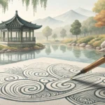 Abstract Korean ink brush painting symbolizing the creation of complex descriptions in the Korean la...