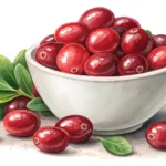 Close-up photo of bright red cranberries spilling from a simple bowl, representing learning fruit vo...