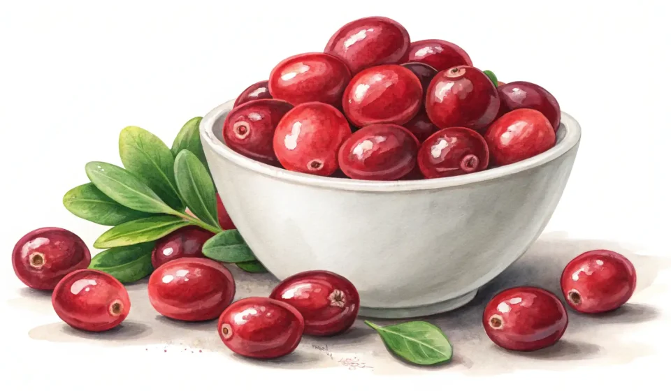 Close-up photo of bright red cranberries spilling from a simple bowl, representing learning fruit vo...