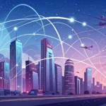 Abstract digital art depicting glowing network connections over a futuristic Seoul cityscape, symbol...