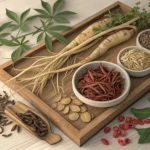 Dried herbs and roots arranged aesthetically, symbolizing traditional Korean medicine and the concep...