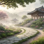 Illustration of a misty Korean temple garden path, representing learning complex Korean vocabulary f...