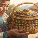Close-up of a traditional Korean woven basket being examined by a tourist and vendor in a Korean mar...