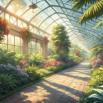 Sunlit path inside a botanical garden greenhouse filled with lush green plants and colorful flowers.