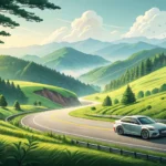 Illustration of a modern car driving on a highway through Korean mountains, symbolizing learning abo...