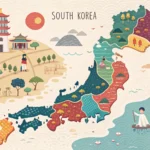 Stylized map of South Korea illustrating its different provinces and major metropolitan city regions...