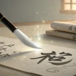 Korean calligraphy brush poised above paper with glowing abstract shapes, symbolizing the process of...