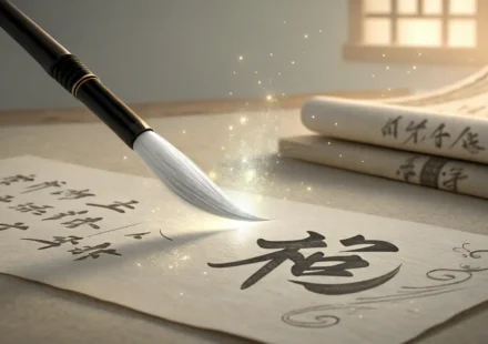 Korean calligraphy brush poised above paper with glowing abstract shapes, symbolizing the process of...
