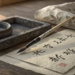 A traditional Korean calligraphy brush and inkstone sit on Hanji paper under moonlight, representing...