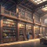 Illustration of Korean library bookshelves glowing mysteriously in twilight colors, representing lea...