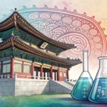 Abstract image combining Korean traditional patterns with scientific lab equipment holding cosmetic...