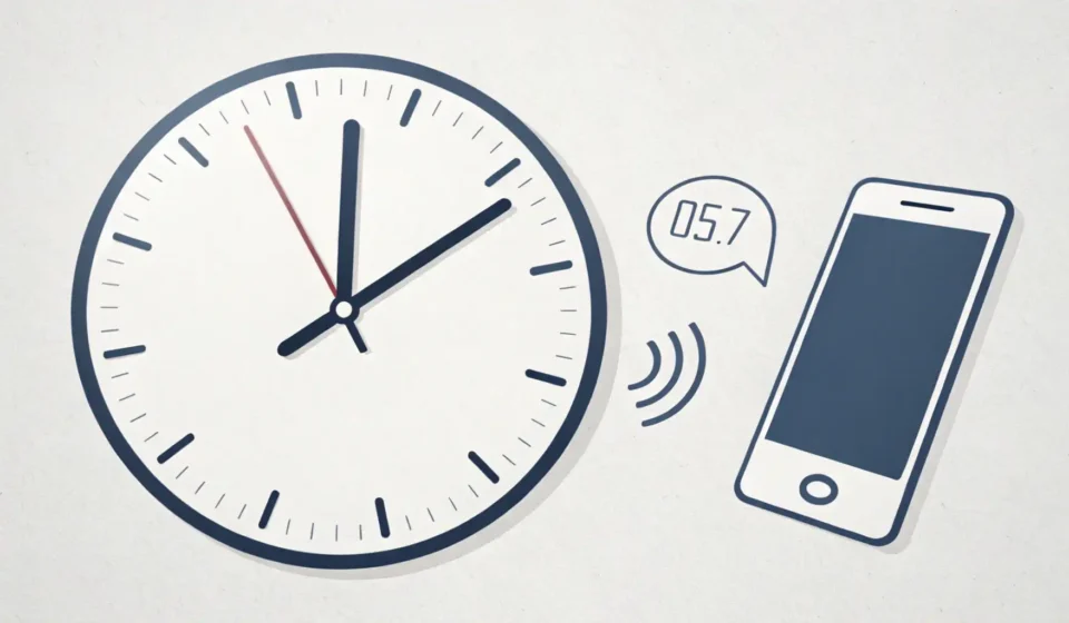 Stylized clock showing a delay next to a phone icon, set against a modern Korean office background,...