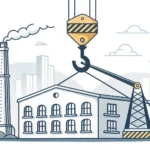 Stylized graphic symbolizing factory relocation, showing a factory icon being moved by a crane hook...