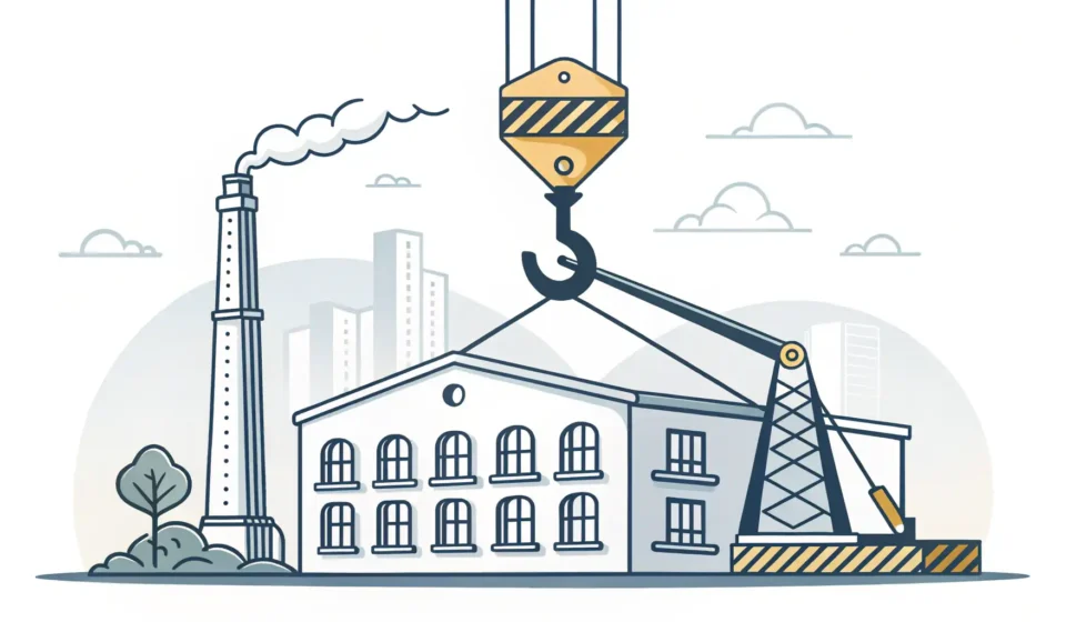 Stylized graphic symbolizing factory relocation, showing a factory icon being moved by a crane hook...