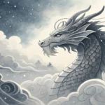 Stylized Korean ink wash art showing a dragon head facing a storm cloud with lightning, above a glow...