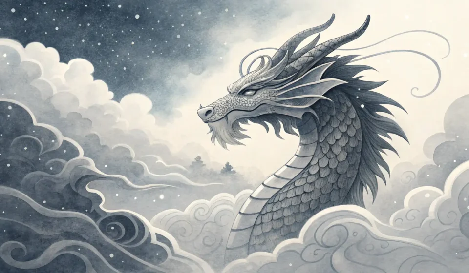 Stylized Korean ink wash art showing a dragon head facing a storm cloud with lightning, above a glow...
