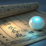 A luminous pearl glowing with blue light sits on an ancient Korean scroll, symbolizing the learning...