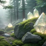 Glowing magical crystals resting on mossy rocks within a misty, atmospheric Korean pine forest setti...